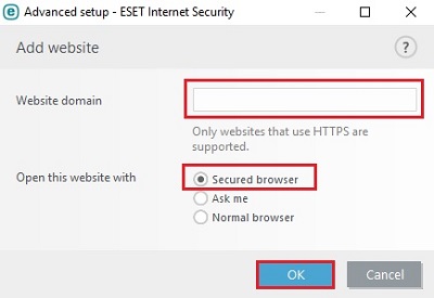 ESET Advanced setup, website domain, open with secured browser