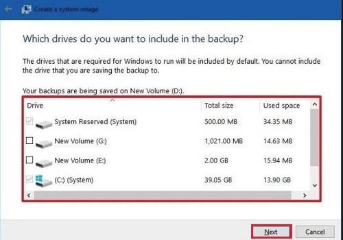 Choices of drives to include in image backup