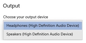 Choose your output device, list of sound device options
