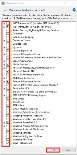 List of Windows features to turn on or off