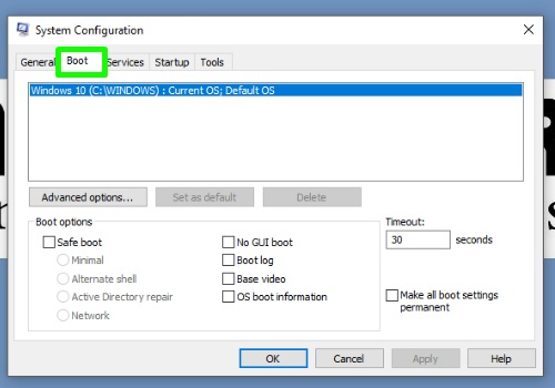 boot tab on msconfig window