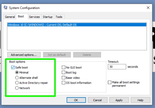 boot tab safe boot minimal checked