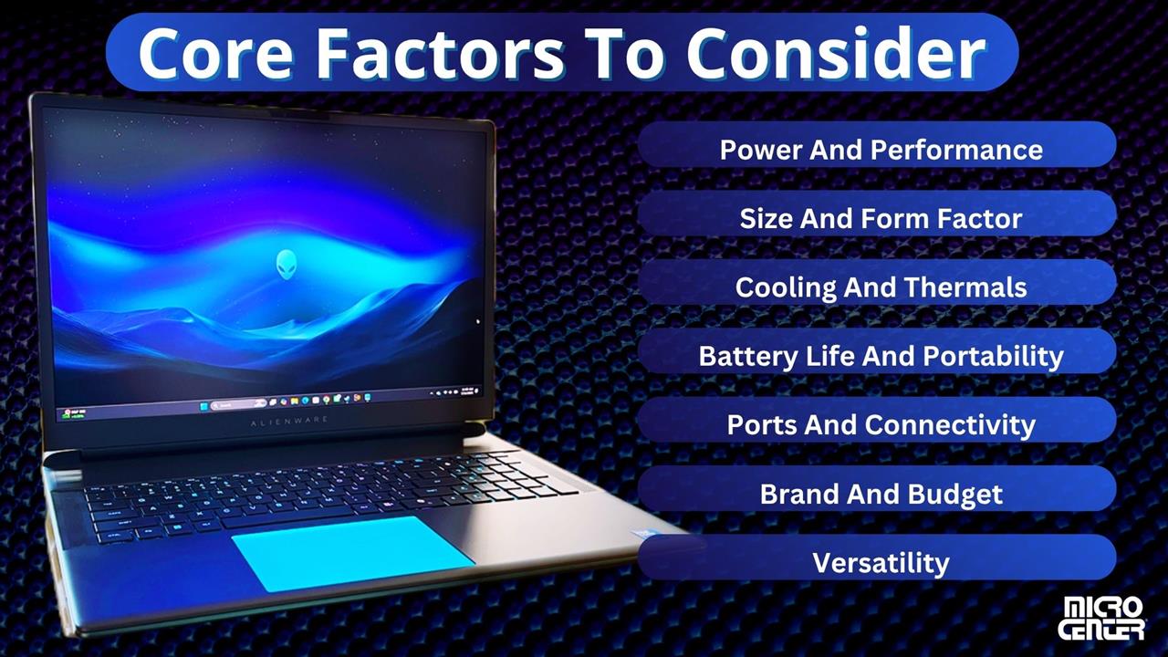 Alienware gaming laptop on a desk with overlay text listing “Core Factors to Consider: Power and Performance, Size and Form Factor, Cooling and Thermals, Battery Life and Portability, Ports and Connectivity, Brand and Budget, Versatility.” The laptop is featured prominently, highlighting its modern design