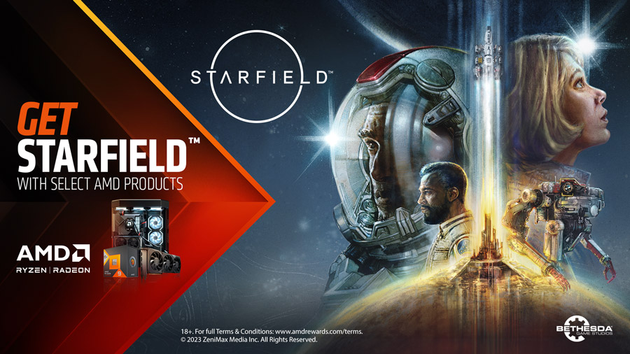 Get Starfield when you buy select AMD Ryzen™ processors, AMD Radeon™ graphics cards, or a gaming system that contains both Terms and conditions apply.