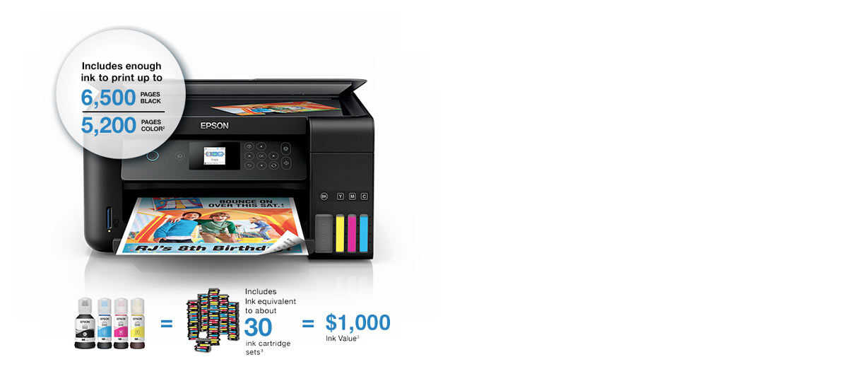 Epson Expression ET-2750. Includes enough ink to print up to 6,500 pages black and 5,200 pages color