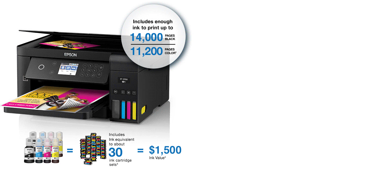 Epson Expression ET-2750. Includes enough ink to print up to 6,500 pages black and 5,200 pages color