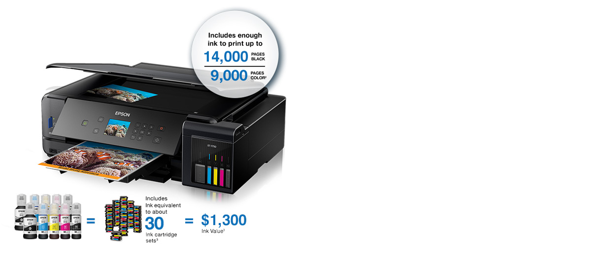 Epson Expression Premium ET-7750. Includes enough ink to print up to 14,000 pages black and 9,000 pages color