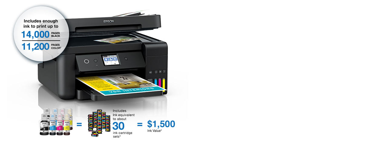 Epson WorkForce ET-4750. Includes enough ink to print up to 14,000 pages black and 11,200 pages color