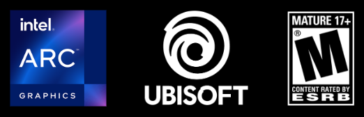 Intel ARC, Ubisoft, Rated M for Mature logos