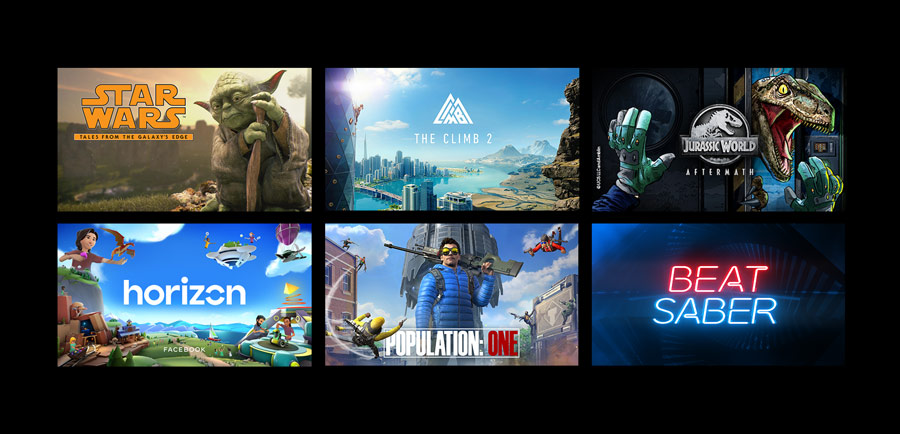 Oculus compatible games such as Star Wars - Tales from the Galaxy's Edge, The Climb 2, Jurassic World Aftermath, Horizon, Population: One, Beat Saber