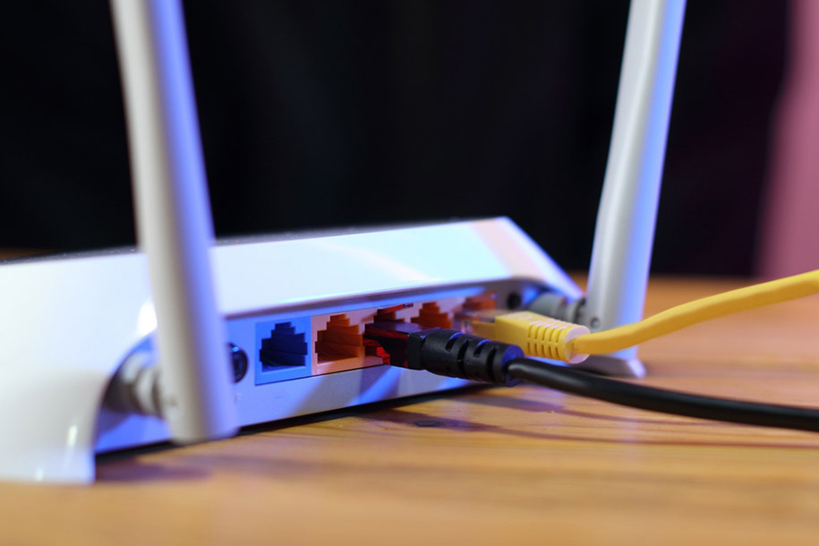 closeup of Ethernet ports on wired router