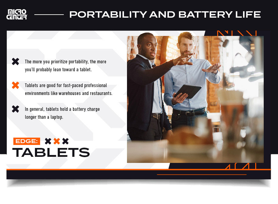 laptop vs. tablet comparing portability and battery life graphic