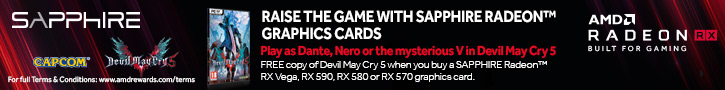 Free copy of Devil May Cry 5 when you buy a Sapphire RAdeon RX Vega, RX 590, RX 580, or RX 570 graphics card
