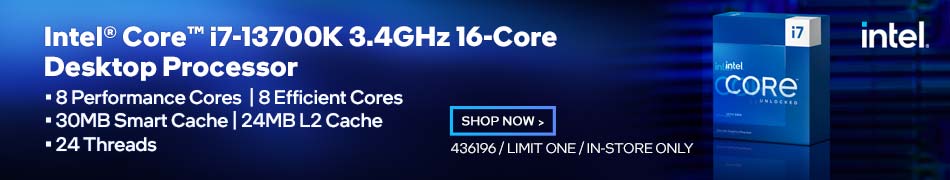 Intel Core i7-13700K 3.4GHz 16-Core Desktop Processor; 8 Performance Cores, 8 Efficient Cores, 30MB Smart Cache, 24MB L2 Cache, 24 Threads - SHOP NOW; 436196, Limit one, in-store only
