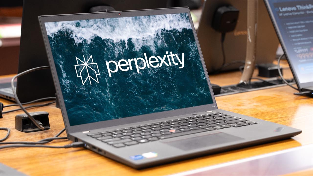 A laptop showing a Perplexity logo.