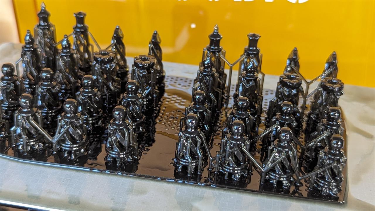 A resin printed chess set fresh out of the printer