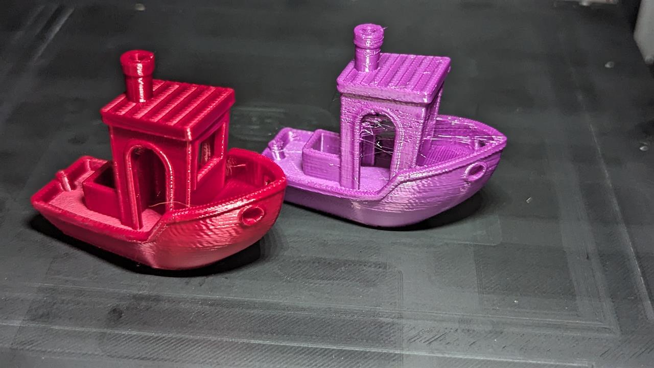 two benchies - Left - High Speed Silk PLA, Right - Standard Silk PLA