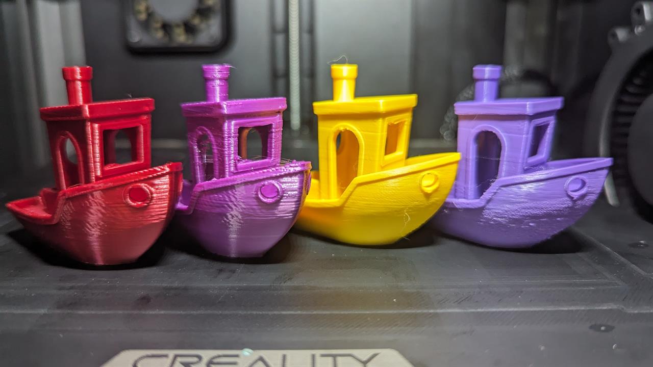 Four 3D Printed Benchies showing different filament results