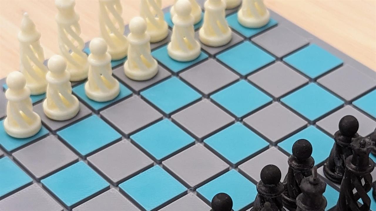 3D printed chess board with 3D printed pieces