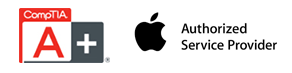 Comp TIA A+ and OEM Certified and Apple Authorized Service logos