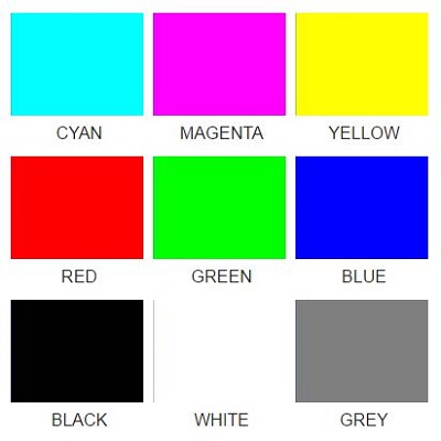 Color Chart includes, Row One Cyan Magenta Yellow, Row Two Red Green Blue, Row Three Black White Grey