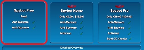 Spybot Free highlighted in choices
