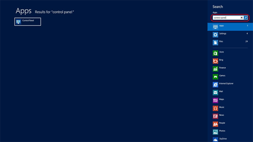 Windows 8 Start Screen Search, Control Panel