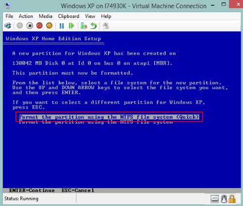 Virtual Machine Connection, Windows XP Setup