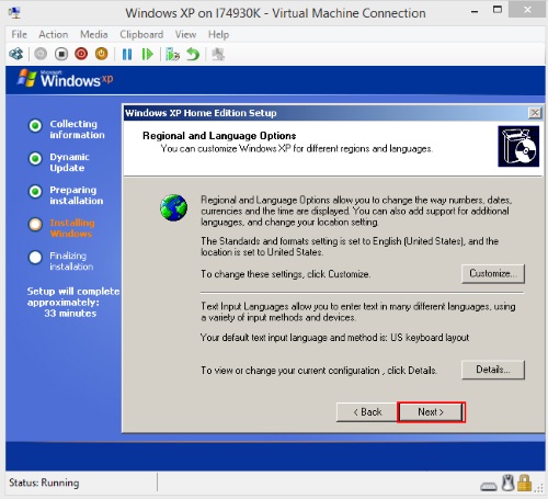 Virtual Machine Connection, Windows XP Setup