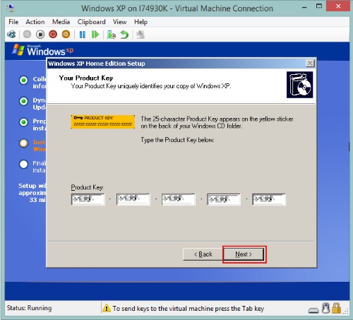 Virtual Machine Connection, Windows XP Setup