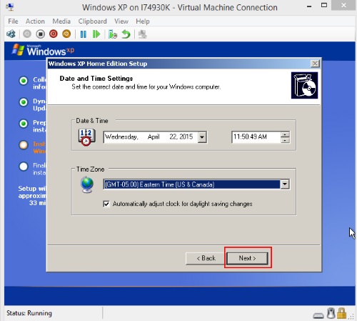 Virtual Machine Connection, Windows XP Setup