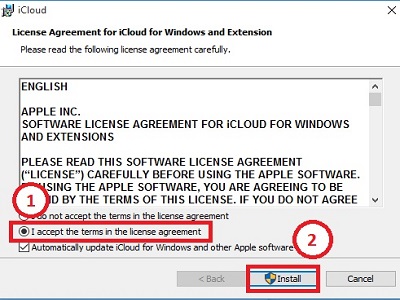 iCloud Setup, Accept Terms and Install