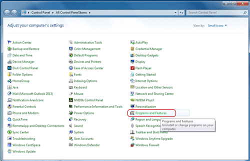 Windows 7 Control Panel, Programs and Features