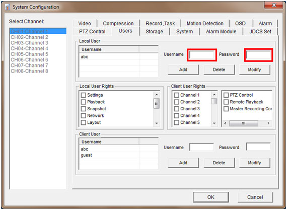 JDVR System Configuration Username and Password