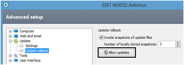 ESET advanced setup menu, update section, allow updates button