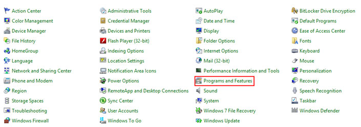 Control Panel, Programs and Features