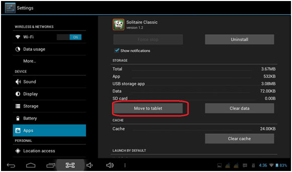 Androind Settings, Apps on SD Card, Move to Tablet