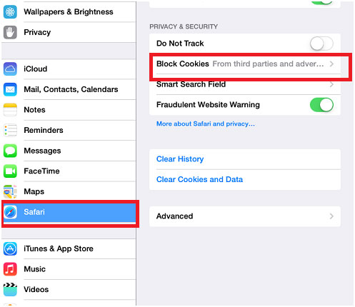 iOS Settings, Safari, Block Cookies