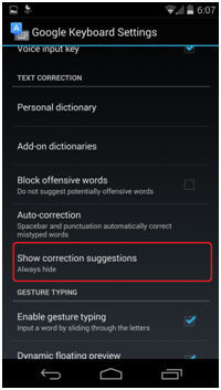 Keyboard Settings, Show Correction Suggestions