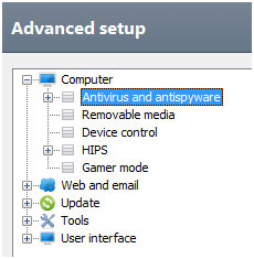 ESET Advanced setup menu, Antivirus and antispyware