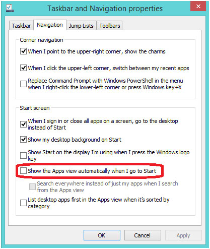 Taskbar Navigation Properties, Show Apps