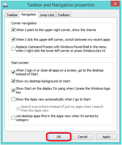 Taskbar Navigation Properties, Save Settings