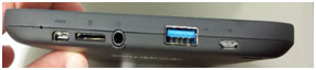 micro USB, Full Sized USB 3.0, Headphone jack, micro SD Card Reader and Micro HDMI ports