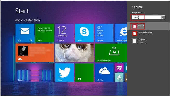 Windows 8 Start, Search Alarm