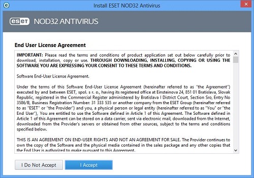 ESET Setup Screen, License Agreement
