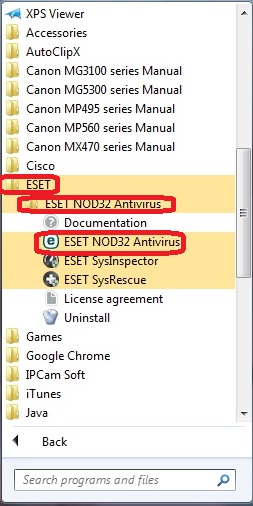 Menú de inicio de Windows, icono de la herramienta ESET