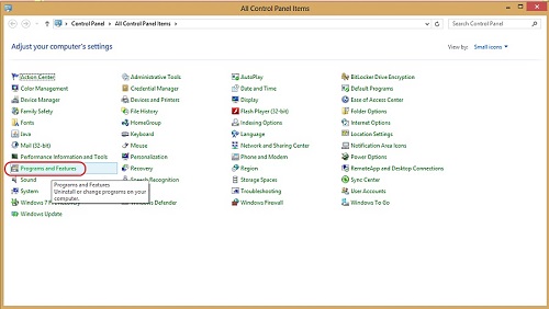 Control Panel, Programs and Features