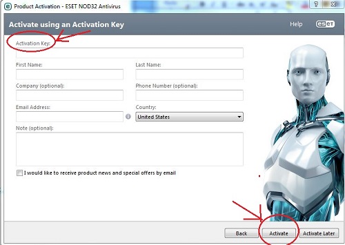 ESET Activation Entry Form
