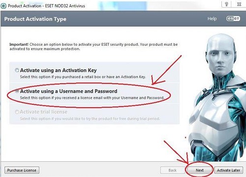 ESET Product Activation, Username and Password