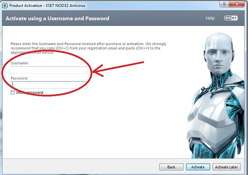 ESET Username and Password entry